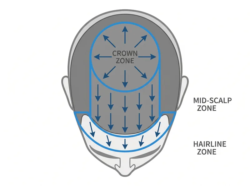 Overhead diagram showing proper hair fibre application technique with directional arrows and coverage zones