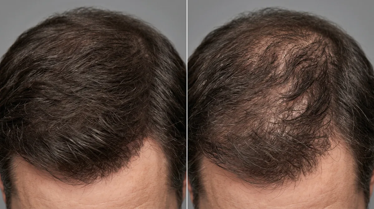 Close-up comparison of hair fibres applied to thinning scalp showing coverage before and after humidity exposure