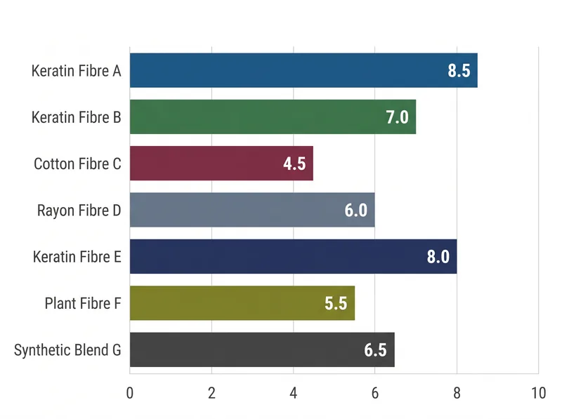 Bar chart comparing humidity resistance scores of seven hair fibre products tested over 8 hours