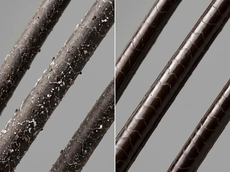 Side-by-side comparison of hair fibre removal difficulty showing water-only vs chelating shampoo results