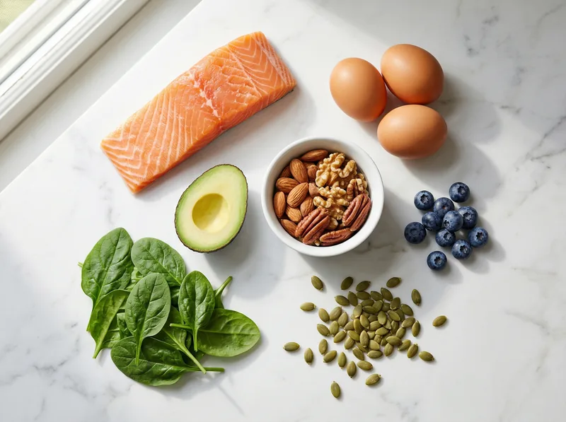 Flat lay arrangement of hair-healthy foods including salmon, eggs, spinach, and nuts