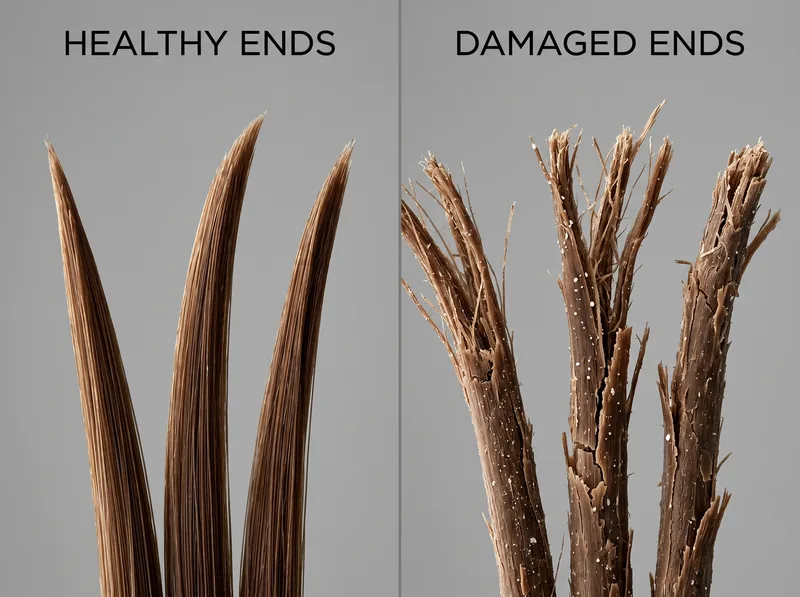 Side-by-side comparison of healthy hair ends versus damaged, broken hair ends under magnification