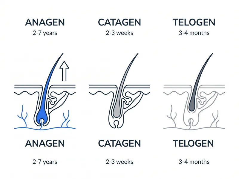Educational diagram showing the three phases of hair growth cycle with timeline markers
