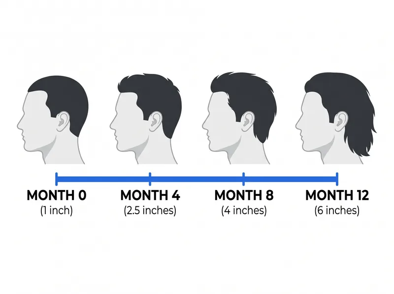 Visual timeline showing realistic hair length progression over 12 months from short to medium length