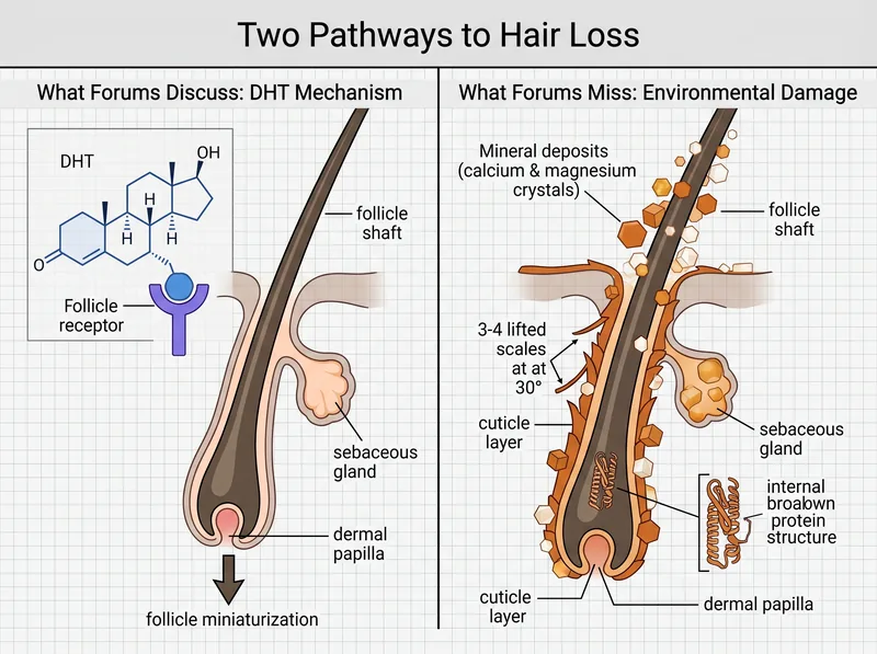 Scientific diagram showing DHT mechanism versus environmental factors in hair follicle damage