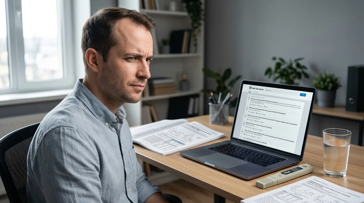 Man reading hair loss forum on laptop with skeptical expression, scientific journal and water quality report visible on desk