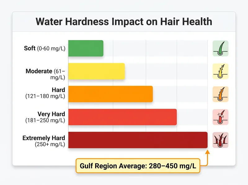 Infographic showing water hardness levels across Gulf region and their impact on hair health