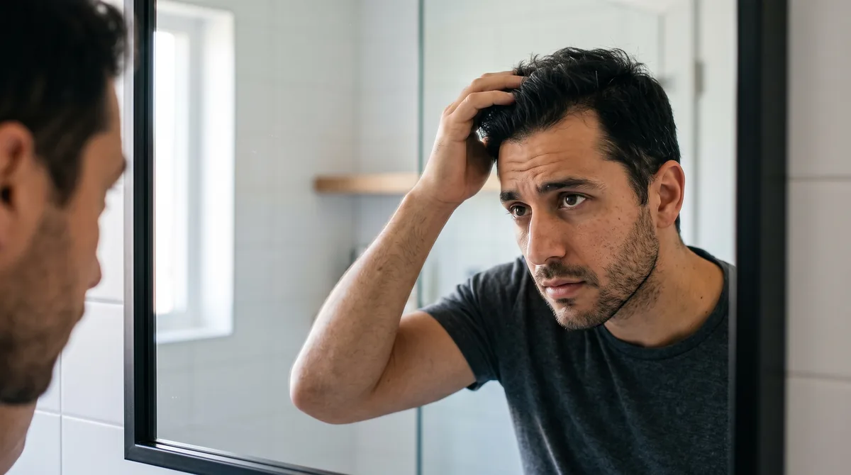 Close-up of man examining hairline in mirror with concerned expression, natural bathroom lighting