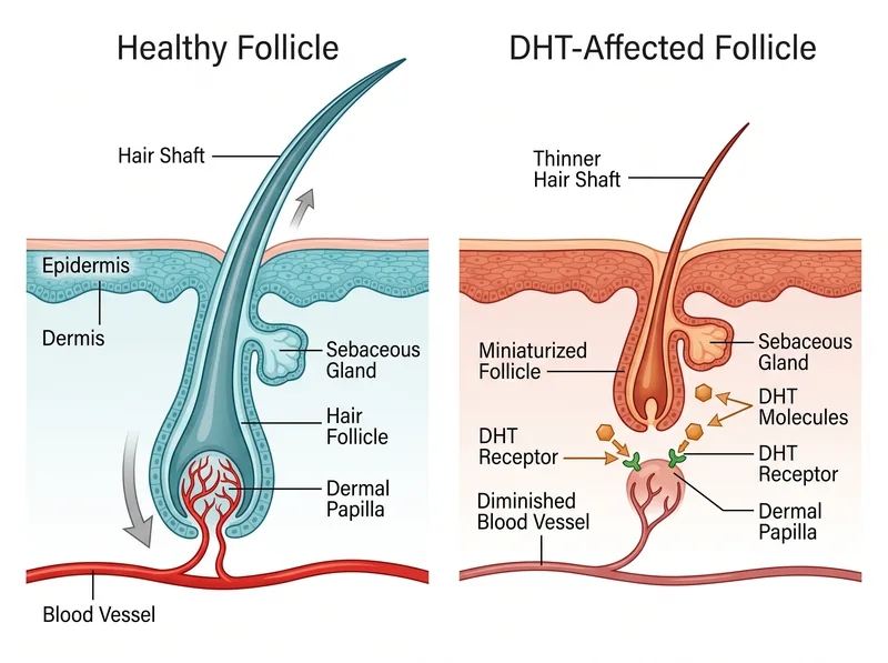 Side-by-side comparison diagram showing healthy hair follicle versus miniaturized follicle with DHT binding