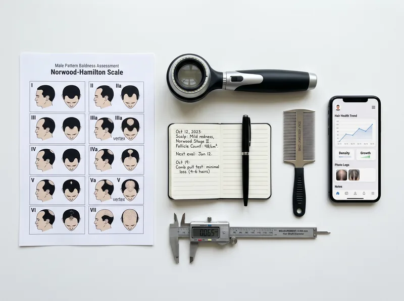 Flat lay of hair testing tools including dermoscope, pull test documentation, and Norwood scale reference