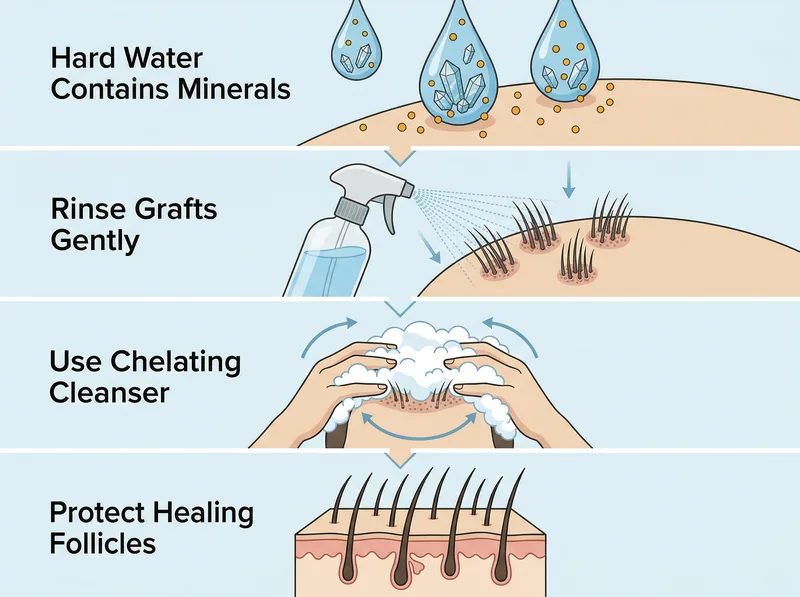 Infographic showing post-transplant scalp care steps with emphasis on mineral-free water and gentle cleansing