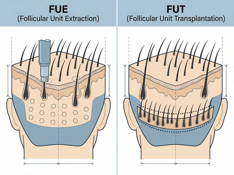 Side-by-side comparison diagram showing FUE individual follicle extraction versus FUT strip method