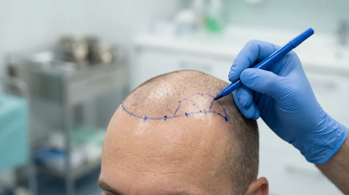 Close-up of surgical marking pen drawing hairline on male scalp before FUE hair transplant procedure