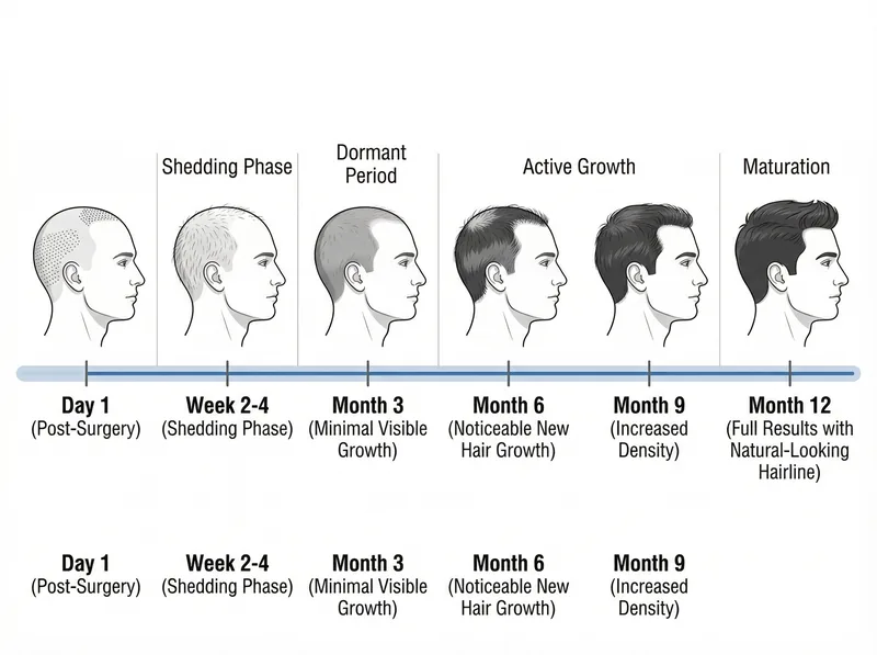 Month-by-month visual timeline showing hair transplant growth progression from surgery to 12 months