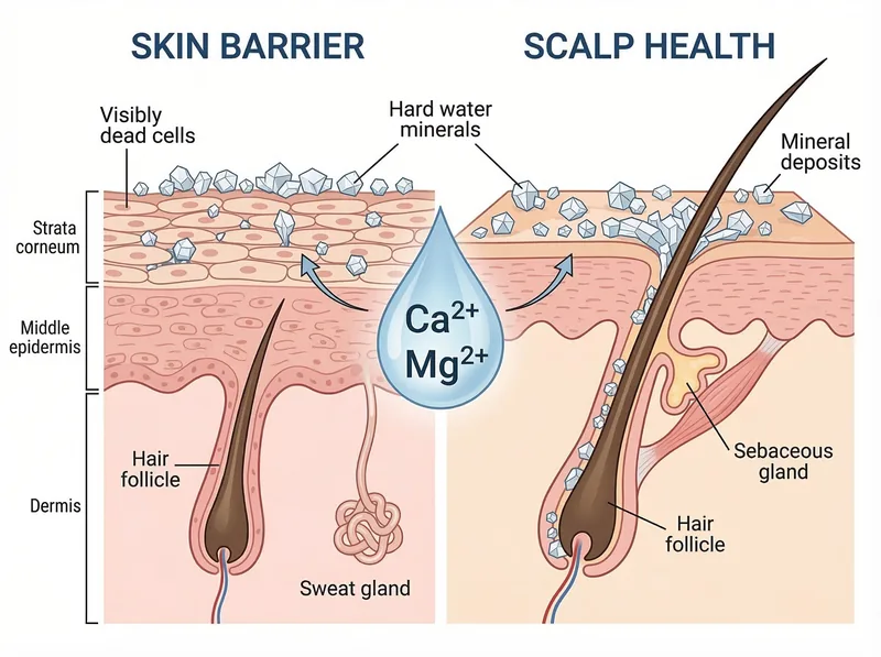 Educational diagram showing how hard water minerals affect skin barrier and scalp health