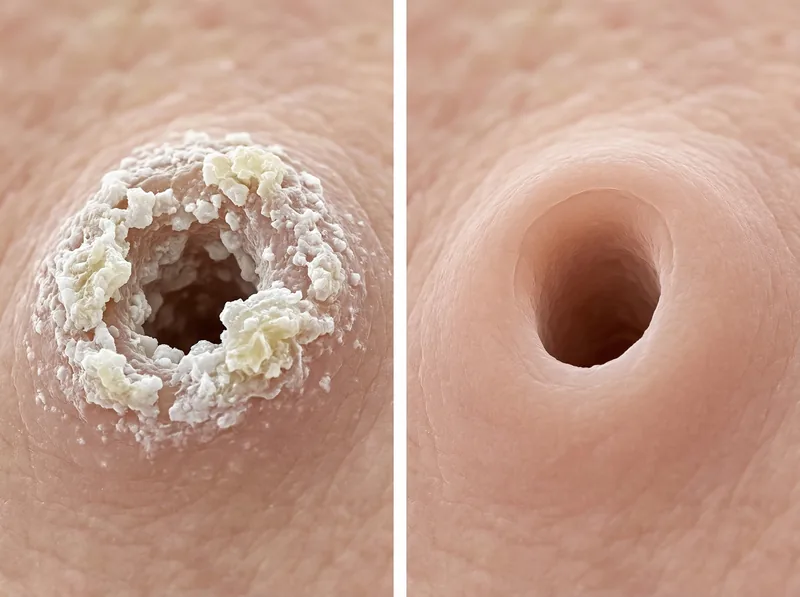 Microscopic view comparison showing mineral deposits blocking a hair follicle opening versus a clean follicle opening ready for treatment absorption