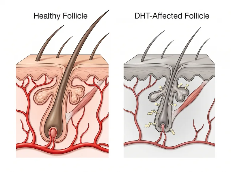 Side-by-side comparison of a healthy hair follicle versus a miniaturized follicle affected by DHT, showing the biological mechanism of male pattern baldness