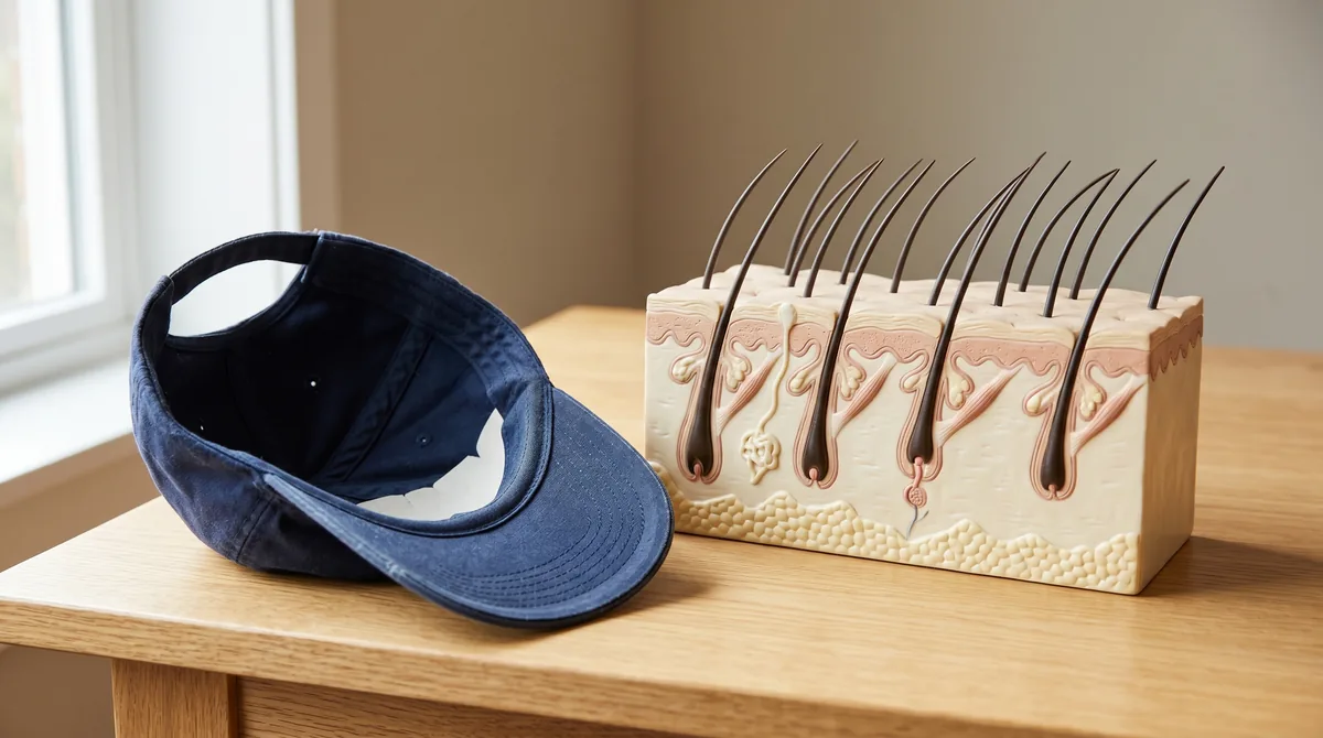 Baseball cap resting on a wooden surface next to a healthy scalp model showing hair follicles, representing the myth that hats cause baldness