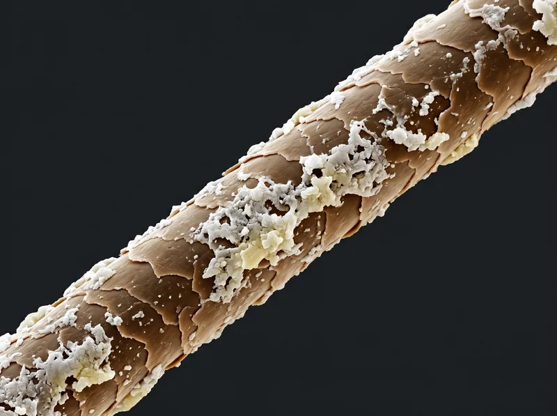 Microscopic view of a hair strand coated in mineral deposits from hard water, showing calcium and magnesium buildup that weakens the shaft