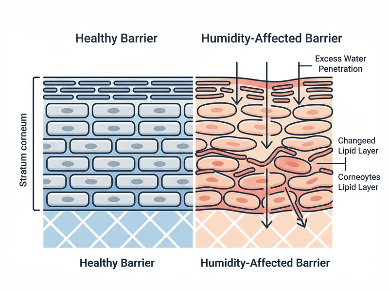 Educational diagram showing how humidity changes the skin barrier structure