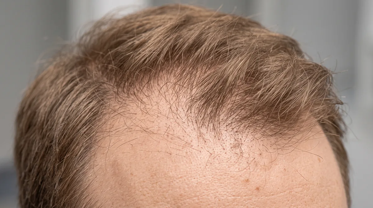 Close-up of male scalp showing hair follicles with visible shedding pattern against neutral background