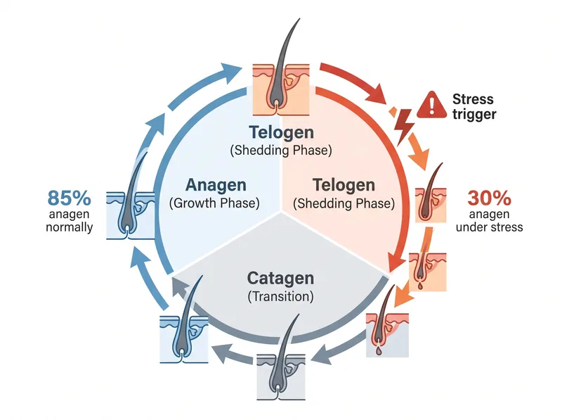 Educational diagram showing hair growth cycle phases and how fasting stress triggers telogen effluvium