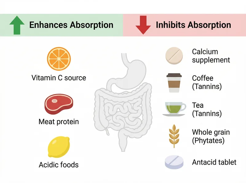 Diagram showing factors that enhance or inhibit iron absorption in the digestive system