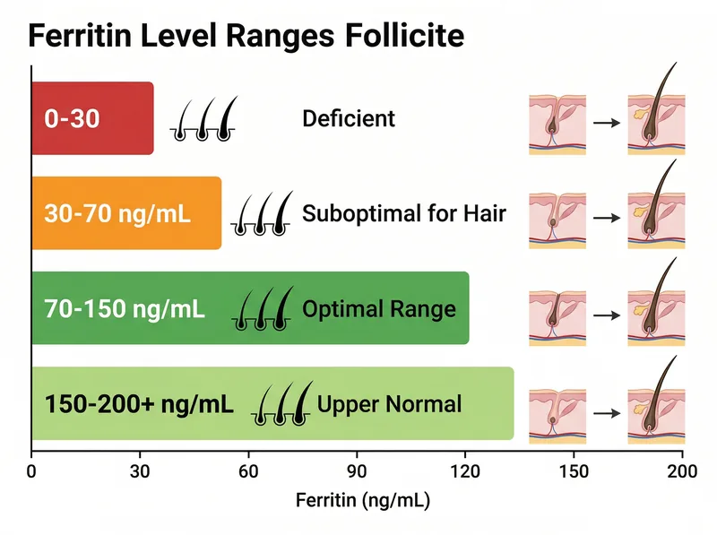 Medical chart showing ferritin level ranges and their relationship to hair growth cycles