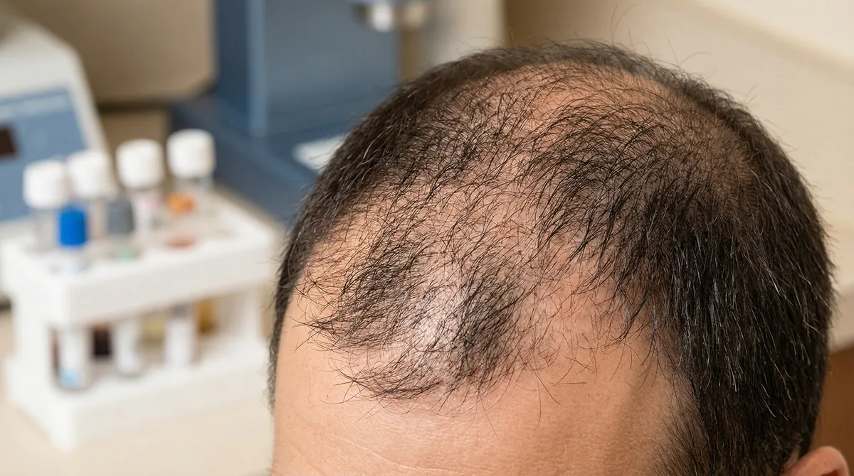 Close-up of male scalp showing diffuse hair thinning pattern with medical testing equipment in soft focus background