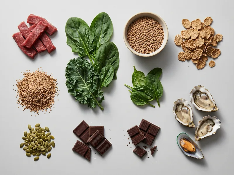 Overhead view of iron-rich foods arranged on neutral surface including red meat, spinach, lentils, and fortified grains