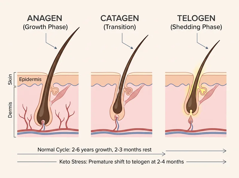 Educational diagram showing the three phases of the hair growth cycle: anagen, catagen, and telogen, with annotations showing how keto stress shifts follicles into telogen