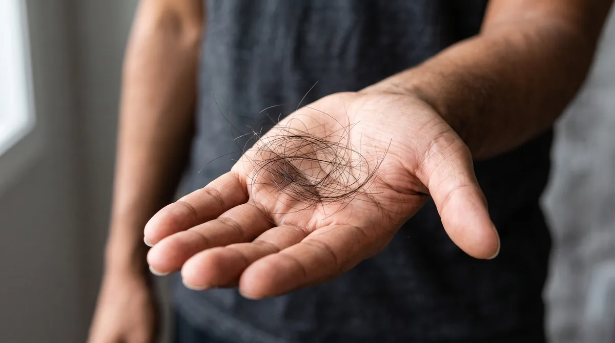 Close-up of a man's hand holding a clump of shed hair strands against a neutral background, representing keto-induced hair loss