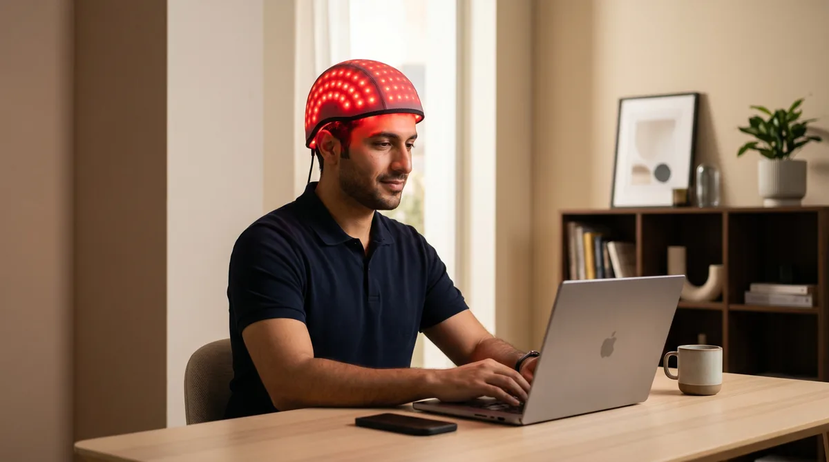 Man wearing red LED light therapy cap with visible light diodes illuminating scalp