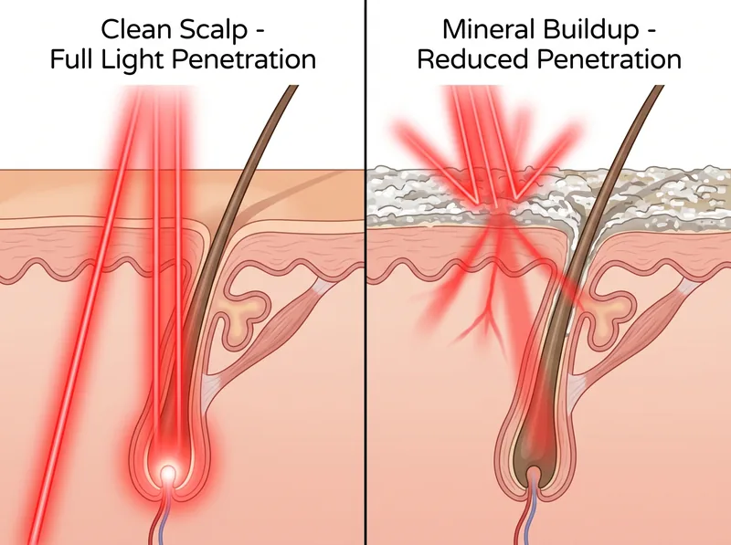Microscopic comparison of clean scalp versus scalp with mineral deposits blocking light penetration