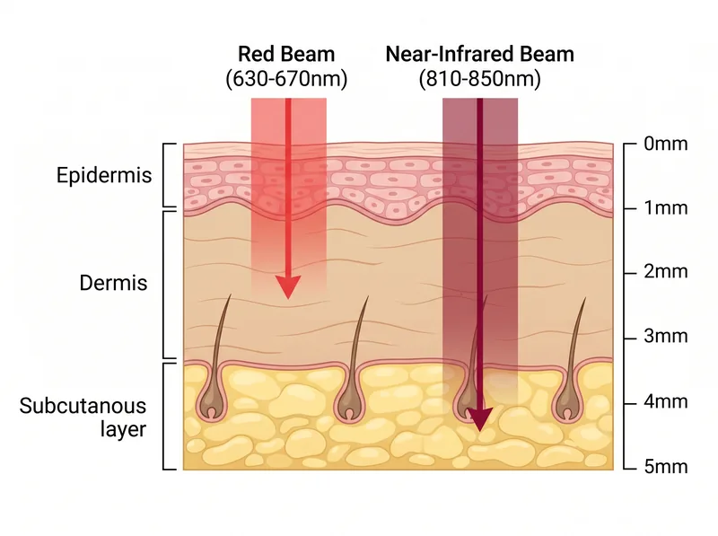 Scientific diagram showing red and near-infrared light wavelength penetration through scalp tissue layers