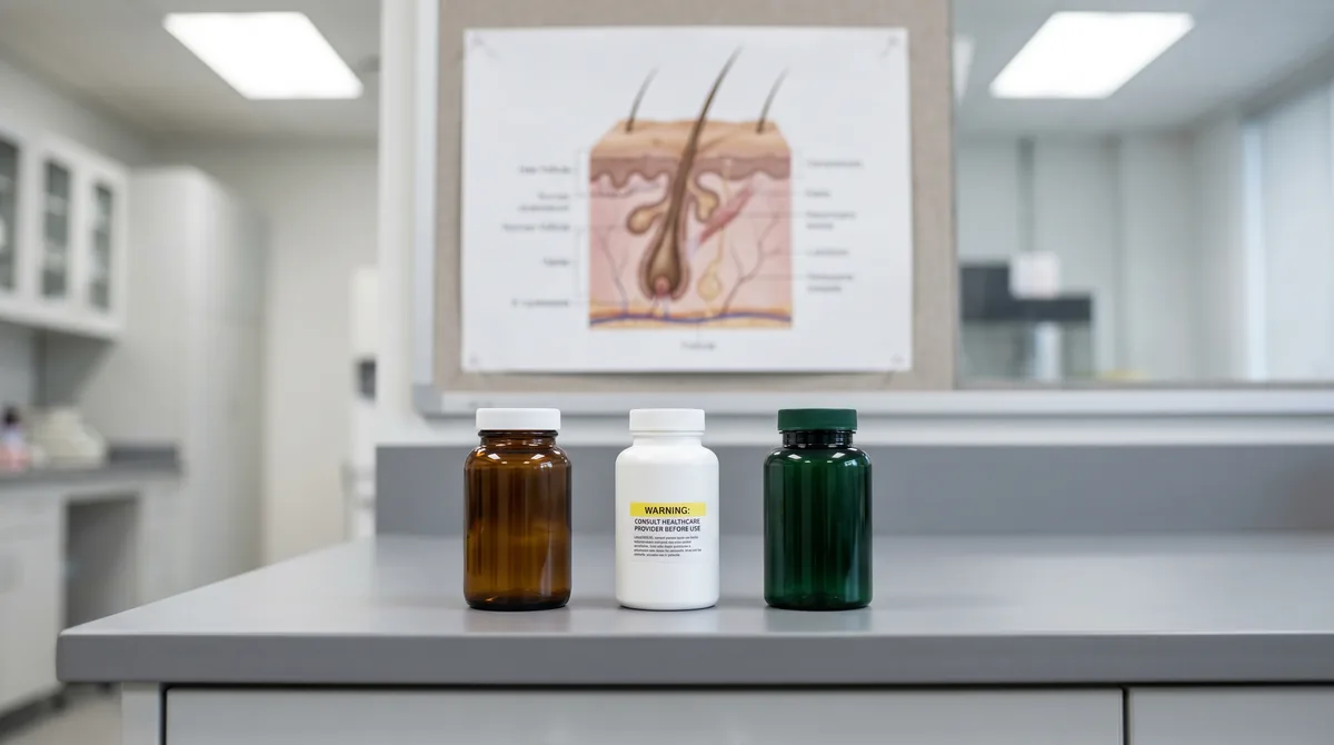 Supplement bottles with warning labels on a laboratory counter with hair follicle diagram in background