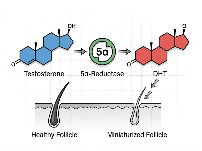 Diagram showing testosterone to DHT conversion pathway and hair follicle sensitivity