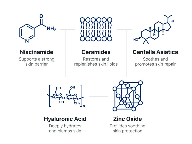 Infographic showing five key barrier-repair ingredients for maskne treatment with molecular structures