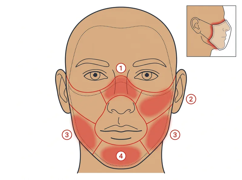 Anatomical diagram showing pressure points and friction zones on male face where masks cause irritation