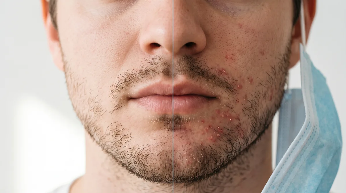 Close-up of man's lower face showing clear skin on one side and maskne irritation on the other, with a surgical mask partially visible