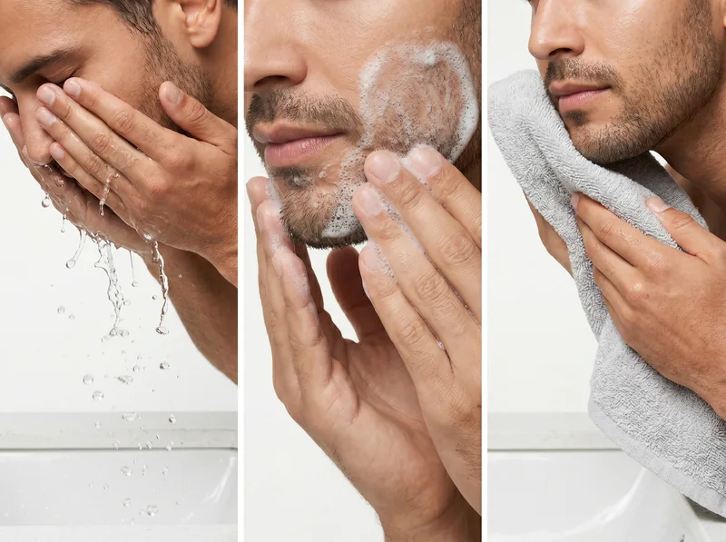 Three-step visual sequence showing proper face washing technique for maskne prevention