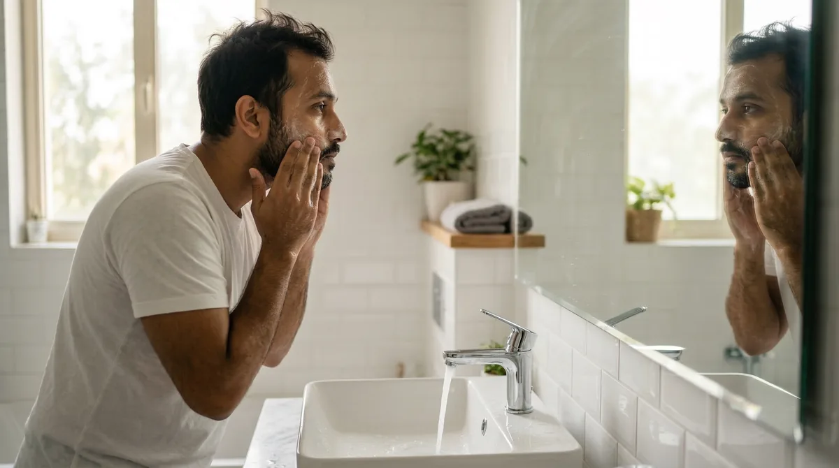 Man applying facial cleanser in modern bathroom with natural lighting, representing Gulf skincare routine