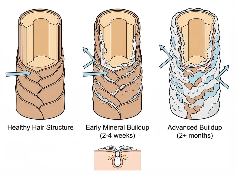 Scientific diagram showing how hard water minerals accumulate on hair shaft and skin surface with labeled cross-sections