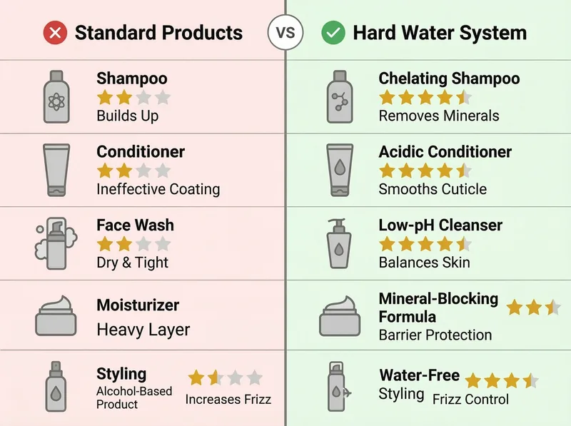 Side-by-side comparison chart showing regular products versus hard water specific products with effectiveness ratings