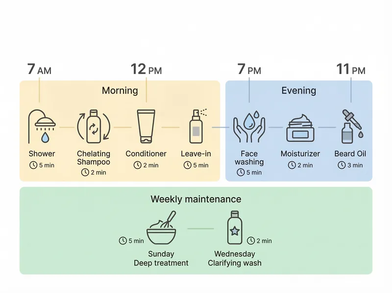 Visual timeline showing the complete hard water grooming system from morning to night with product application order