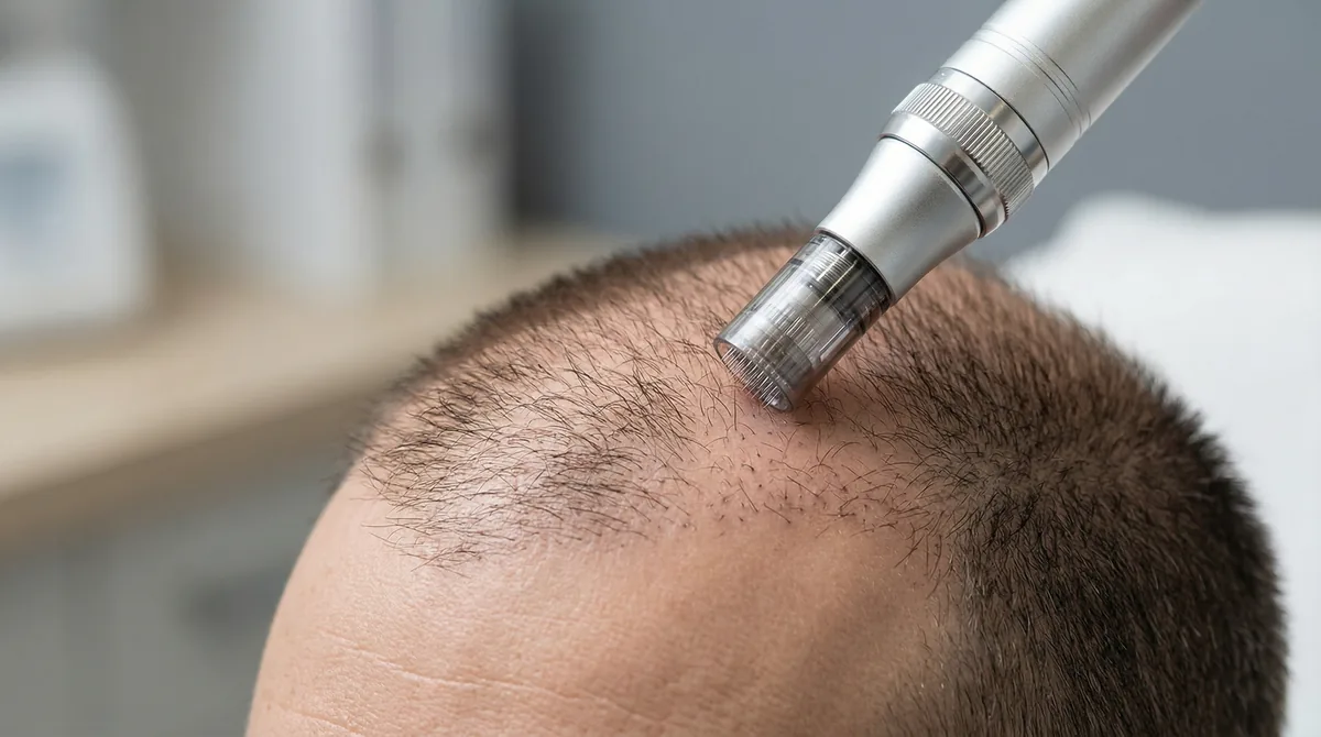 Close-up of microneedling device on scalp showing needle depth and proper technique