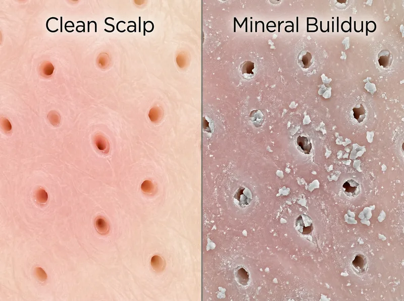 Microscopic view comparison of clean scalp pores versus mineral-blocked pores