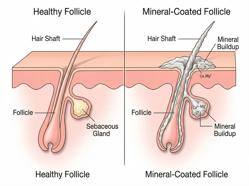 Diagram showing mineral deposits coating hair shaft and blocking follicle