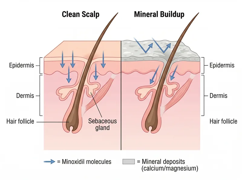 Scientific diagram showing minoxidil absorption through scalp layers with and without mineral buildup barrier
