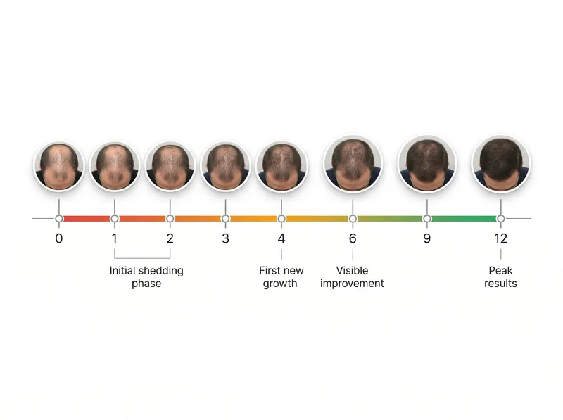 Timeline chart showing realistic minoxidil results progression from month 1 to month 12 with clinical photography examples